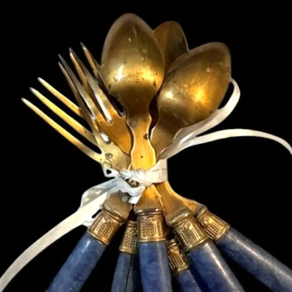 Vintage French Dessert Flatware Set Blue Marbled Handles Set of 6